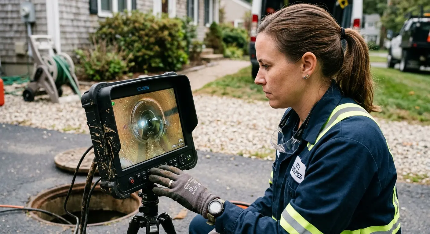 Technician reviewing sewer camera inspection footage in Centerville