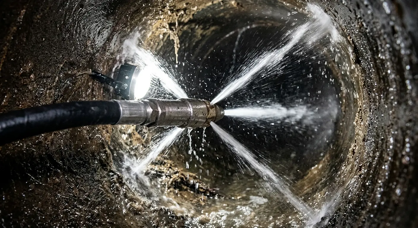 High-pressure hydro jetting nozzle cleaning sewer pipe for Sewer Cleanout in Centerville
